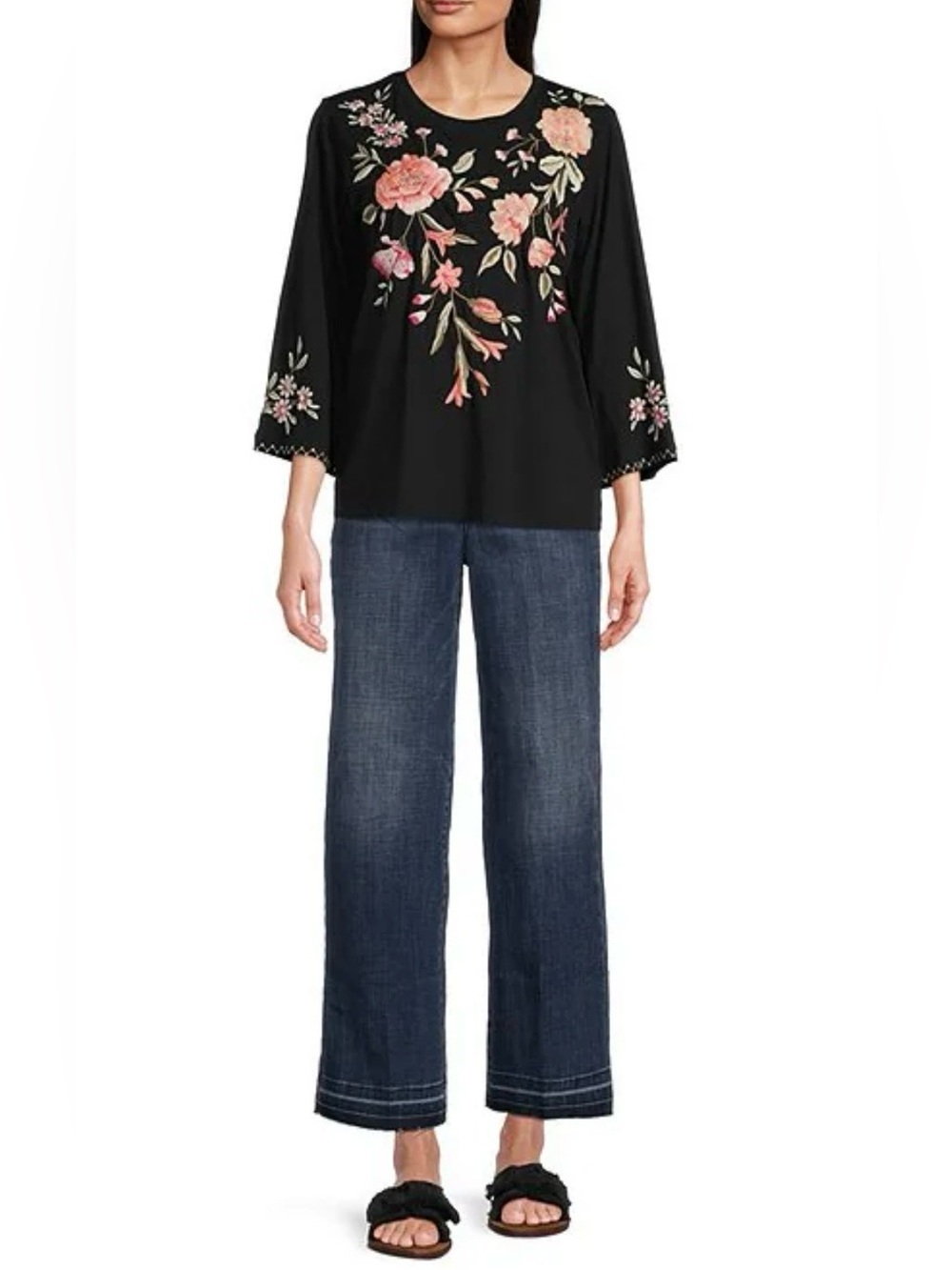 Johnny Was Vienna Floral Embroidered Kimono Sleeve Tee Black Size Small Boho